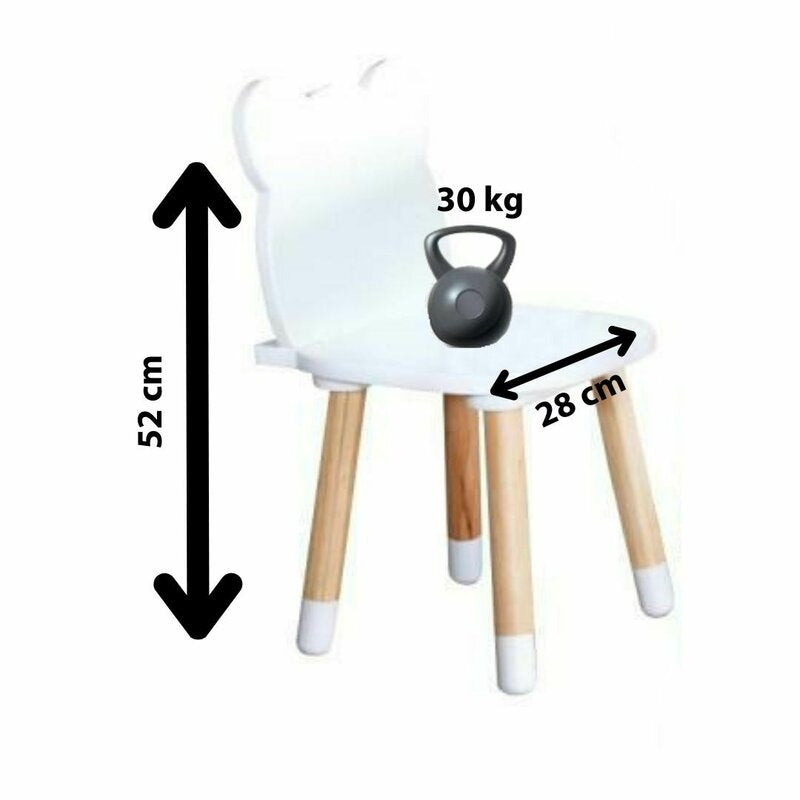 Set masuta si doua scaune, FreeON, Bear, Pentru copii, Din lemn, Cu marginile rotunjite, Conform cu standardele europene de securitate EN71-1;2018, EN71-2:2020, EN71-3:2021, Alb