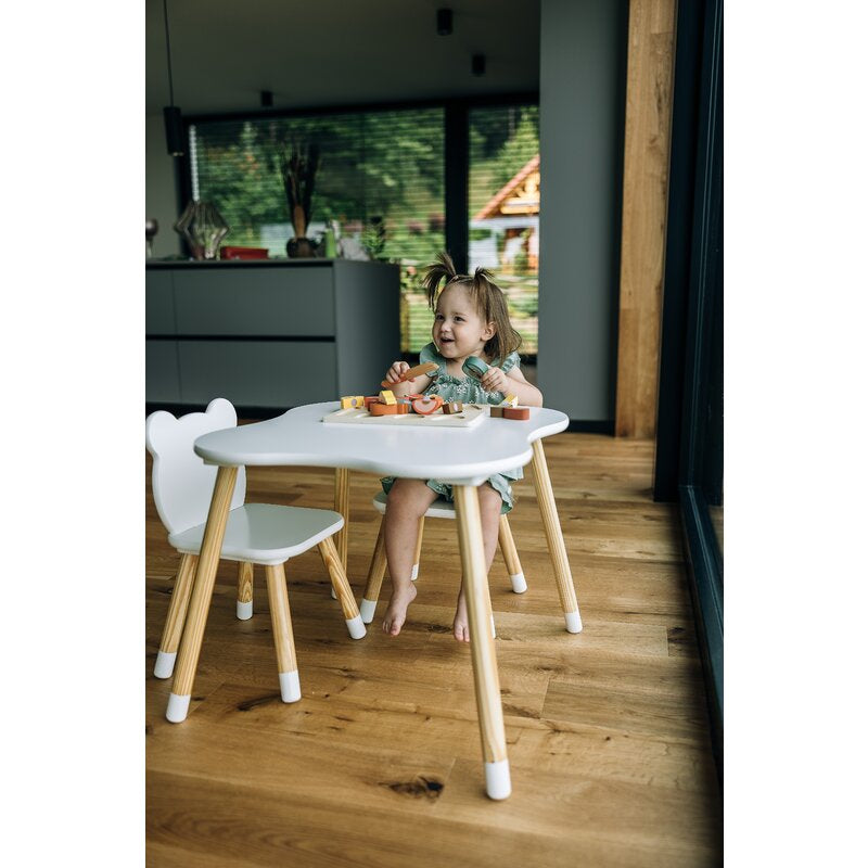 Set masuta si doua scaune, FreeON, Bear, Pentru copii, Din lemn, Cu marginile rotunjite, Conform cu standardele europene de securitate EN71-1;2018, EN71-2:2020, EN71-3:2021, Alb