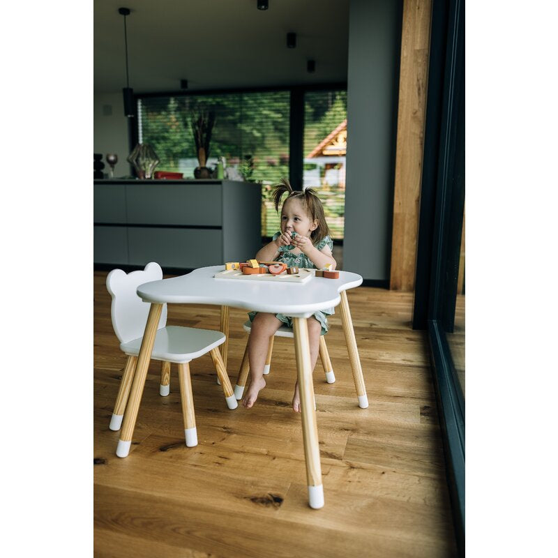 Set masuta si doua scaune, FreeON, Bear, Pentru copii, Din lemn, Cu marginile rotunjite, Conform cu standardele europene de securitate EN71-1;2018, EN71-2:2020, EN71-3:2021, Alb