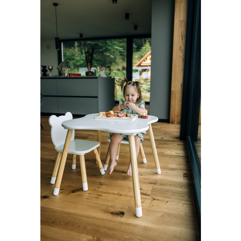 Set masuta si doua scaune, FreeON, Bear, Pentru copii, Din lemn, Cu marginile rotunjite, Conform cu standardele europene de securitate EN71-1;2018, EN71-2:2020, EN71-3:2021, Alb