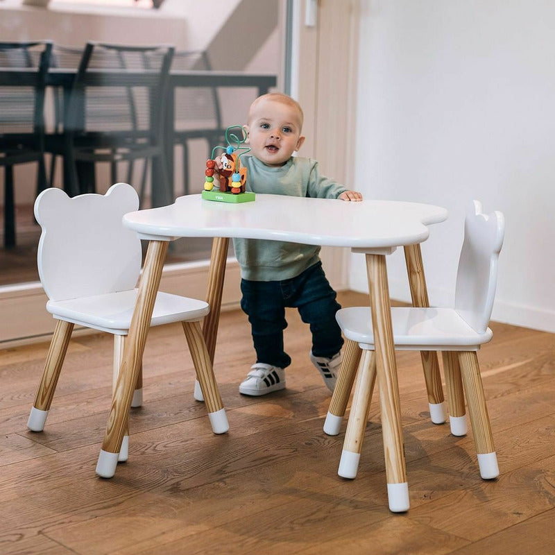 Set masuta si doua scaune, FreeON, Bear, Pentru copii, Din lemn, Cu marginile rotunjite, Conform cu standardele europene de securitate EN71-1;2018, EN71-2:2020, EN71-3:2021, Alb