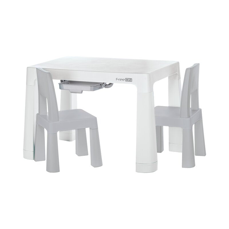 Set masuta si doua scaune, FreeON, Neo, Pentru copii, Cu doua sertare, Cu masa reglabila la doua inaltimi, Conform cu standardele europene de securitate EN71-1;2018, EN71-2:2020, EN71-3:2021, Gri