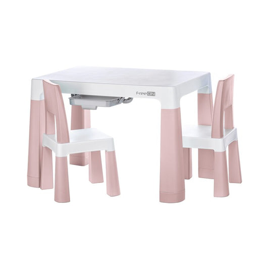 Set masuta si doua scaune, FreeON, Neo, Pentru copii, Cu doua sertare, Cu masa reglabila la doua inaltimi, Conform cu standardele europene de securitate EN71-1;2018, EN71-2:2020, EN71-3:2021, Roz