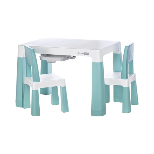Set masuta si doua scaune, FreeON, Neo, Pentru copii, Cu doua sertare, Cu masa reglabila la doua inaltimi, Conform cu standardele europene de securitate EN71-1;2018, EN71-2:2020, EN71-3:2021, Verde