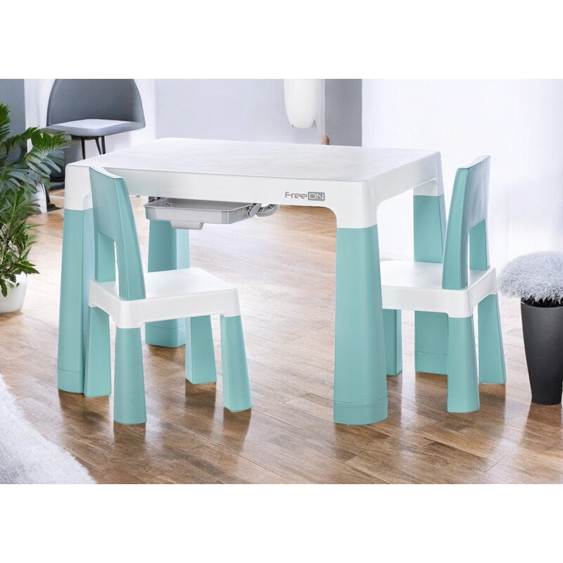 Set masuta si doua scaune, FreeON, Neo, Pentru copii, Cu doua sertare, Cu masa reglabila la doua inaltimi, Conform cu standardele europene de securitate EN71-1;2018, EN71-2:2020, EN71-3:2021, Verde