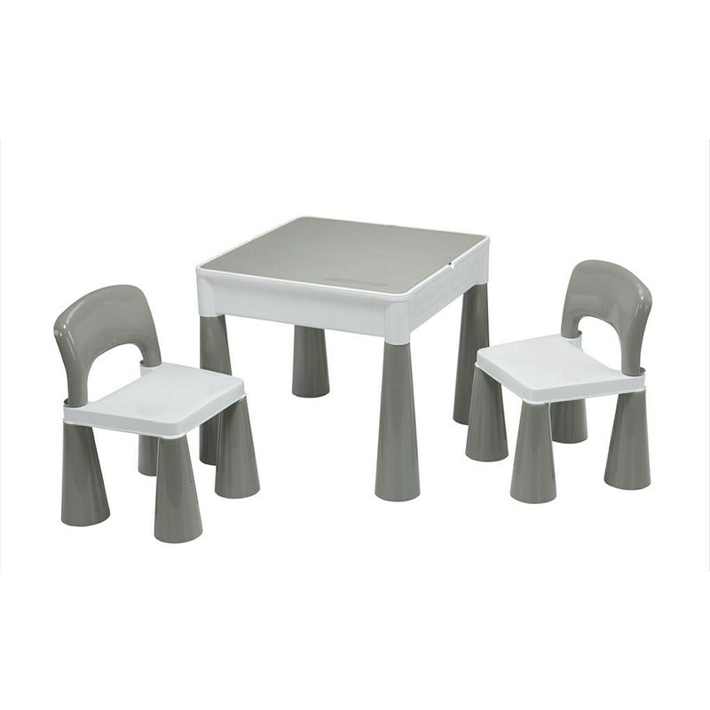 Set masuta si doua scaune, New Baby, Pentru copii, Grey and White, Cu parte detasabila si reversibila, Partea reversibila pentru Lego Duplo