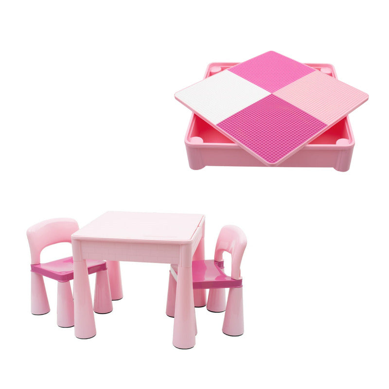 Set masuta si 2 scaune New Baby, Roz, blat reversibil – setul complet și blatul reversibil