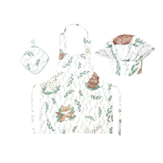 Set Micutul bucatar, MimiNu, Cu sort, o boneta si accesoriu pentru vase calde, Din bumbac certificat Oeko Tex Standard 100, Lulu Natural