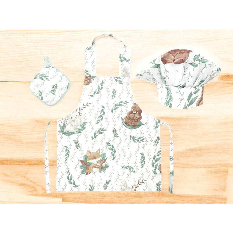 Set Micutul bucatar, MimiNu, Cu sort, o boneta si accesoriu pentru vase calde, Din bumbac certificat Oeko Tex Standard 100, Lulu Natural