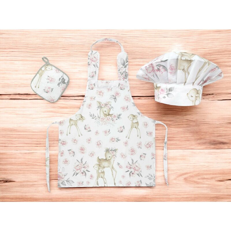 Set Micutul bucatar, MimiNu, Cu sort, o boneta si accesoriu pentru vase calde, Din bumbac certificat Oeko Tex Standard 100, Sweet Deer Pink