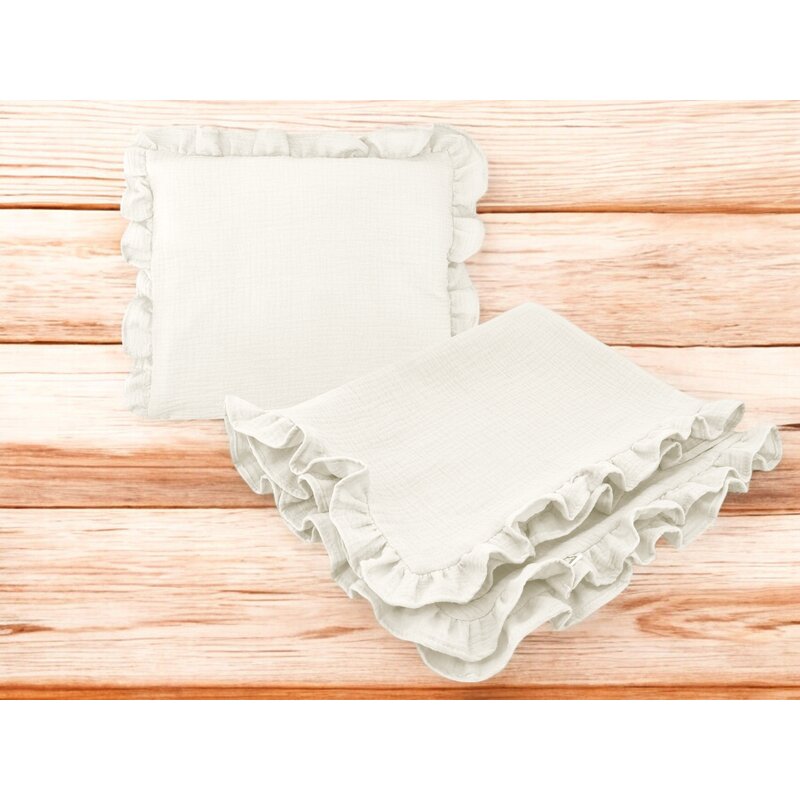 Set paturica si perna, MimiNu, Cu fata de perna inclusa Din muselina bumbac certificat Oeko Tex Standard 100, Perna 30x35cm, Paturica 60x70cm, Cu volane, Cream
