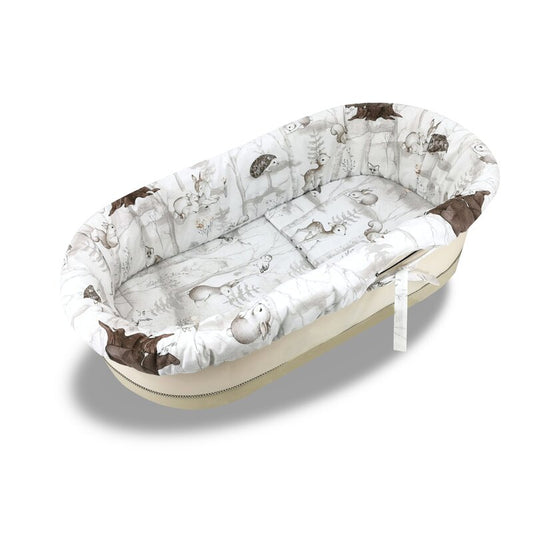 Set pentru landou/cosulet, MimiNu, Cu protectie, saltea si pernuta, Din bumbac certificat Oeko Tex Standard 100, Design, Woodland