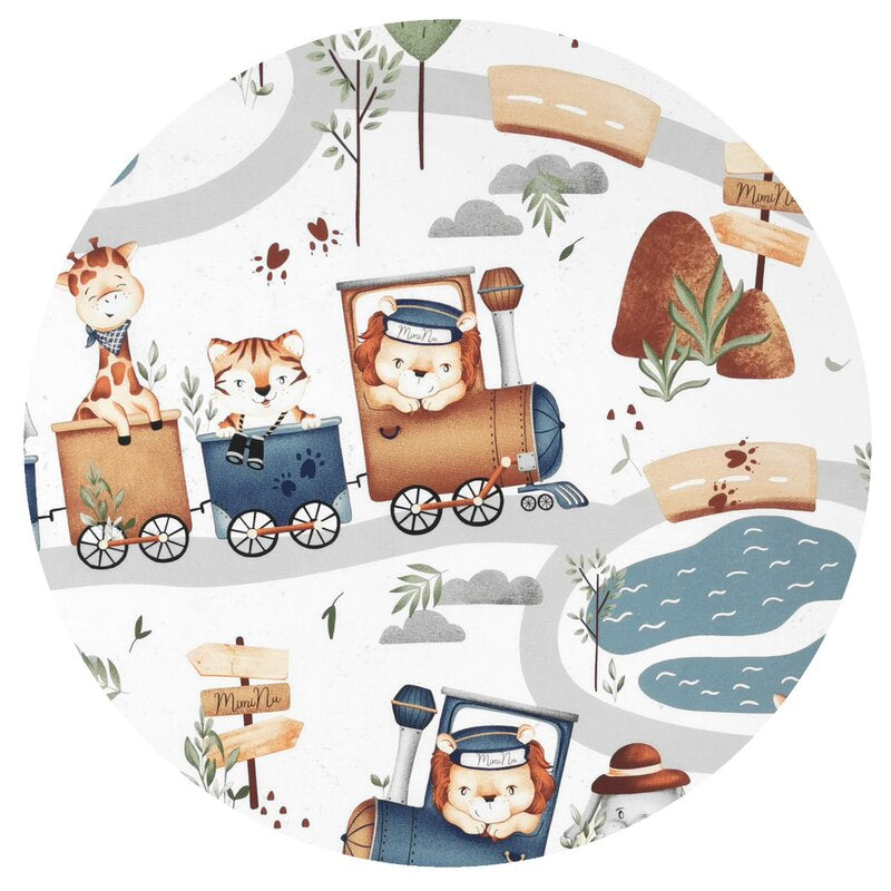Set pentru landou/cosulet, MimiNu, Cu protectie, saltea si pernuta, Din bumbac certificat Oeko Tex Standard 100, Design, Zoo in train