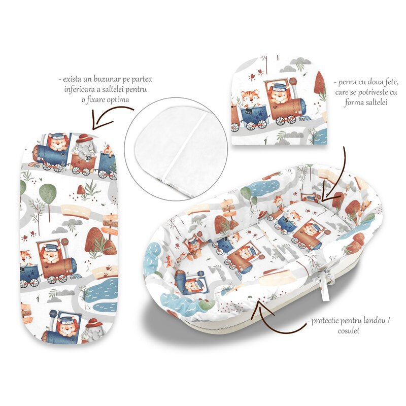 Set pentru landou/cosulet, MimiNu, Cu protectie, saltea si pernuta, Din bumbac certificat Oeko Tex Standard 100, Design, Zoo in train