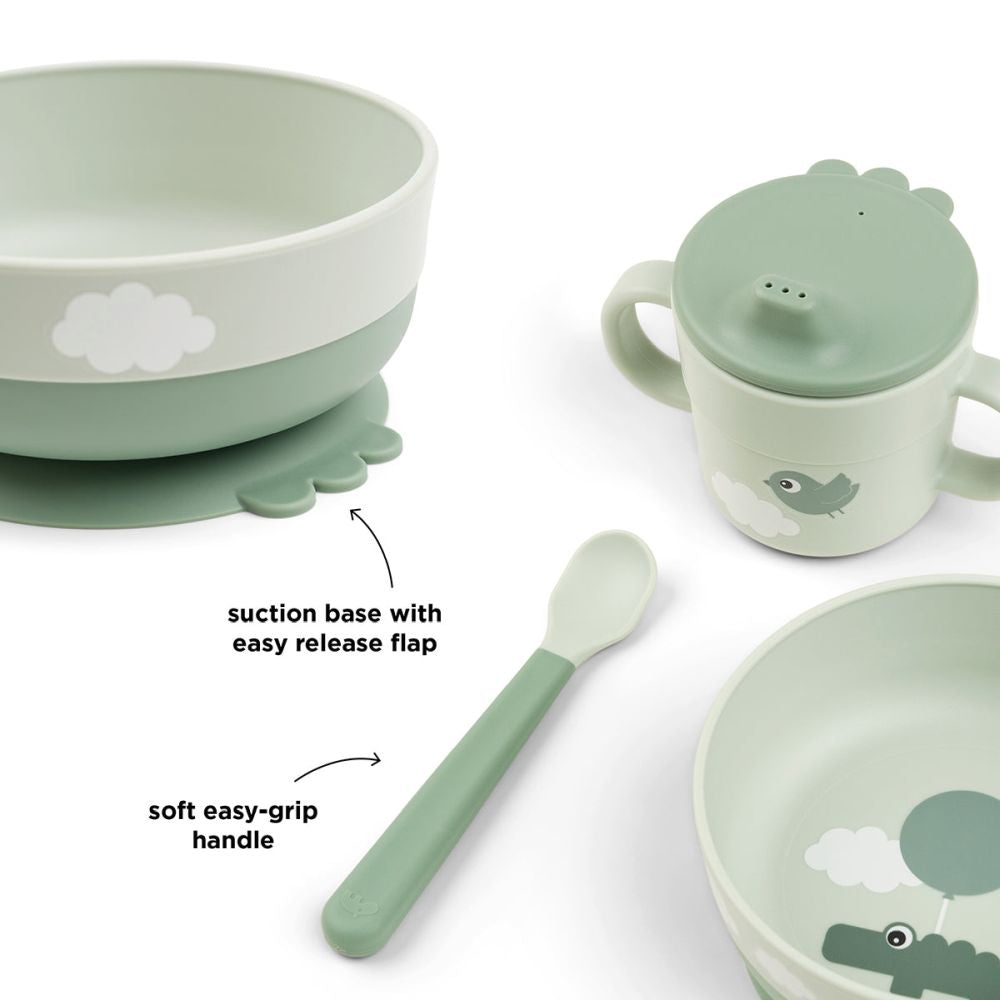 Set pentru primele mese cu ventuza Done by Deer Foodie Happy Clouds Green
