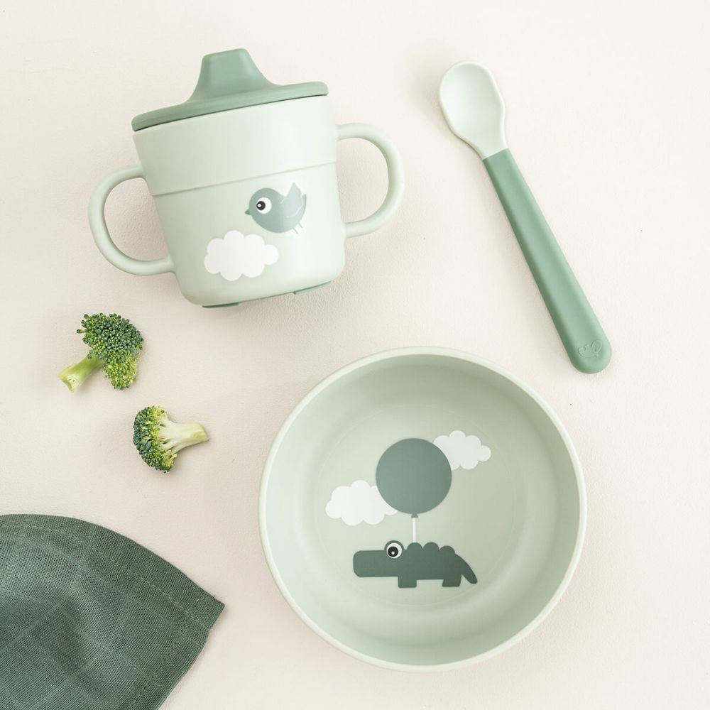 Set pentru primele mese cu ventuza Done by Deer Foodie Happy Clouds Green