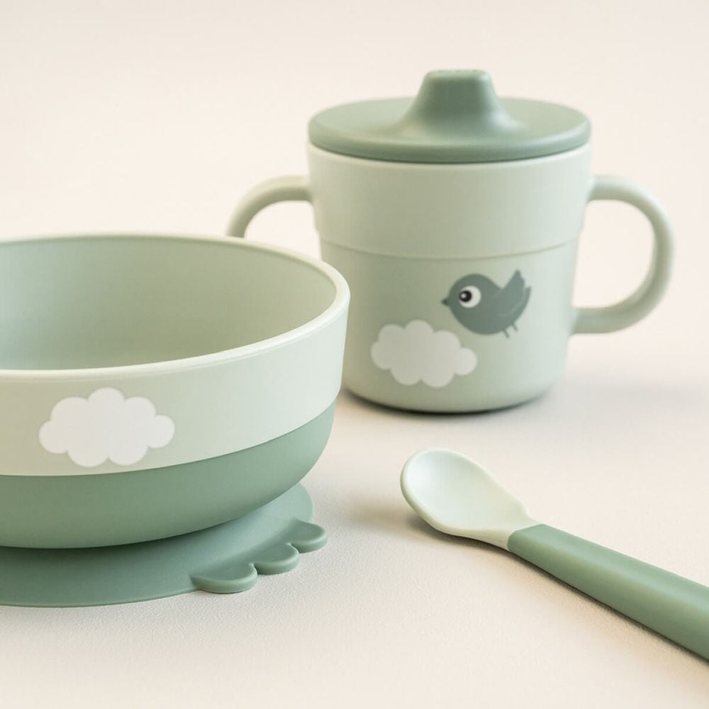 Set pentru primele mese cu ventuza Done by Deer Foodie Happy Clouds Green