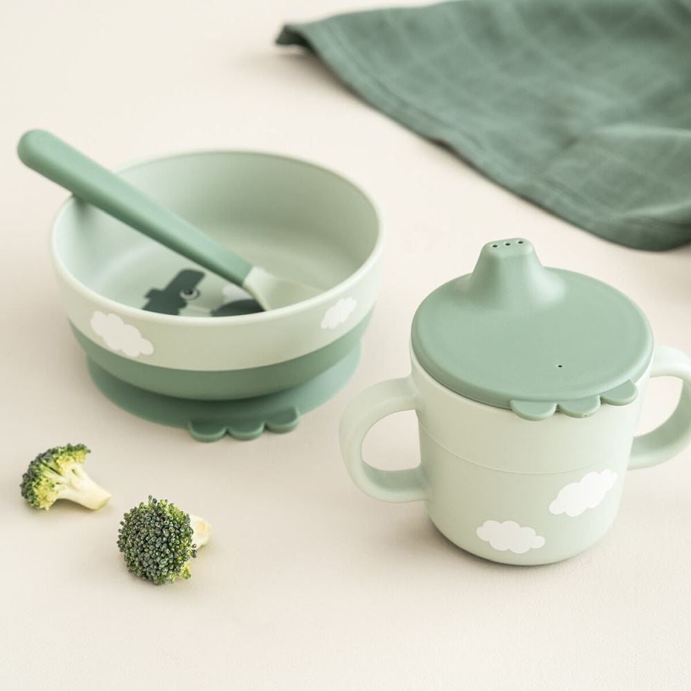 Set pentru primele mese cu ventuza Done by Deer Foodie Happy Clouds Green