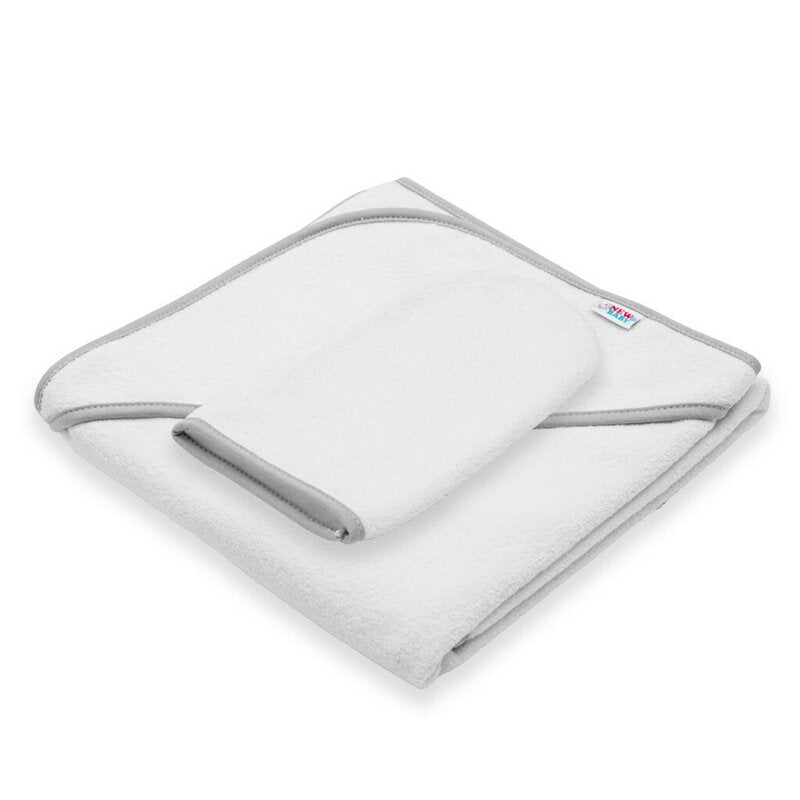 Set prosop si manusa New Baby Basic 80x80 cm, Alb/Gri – prosopul pliat și mănușa inclusă