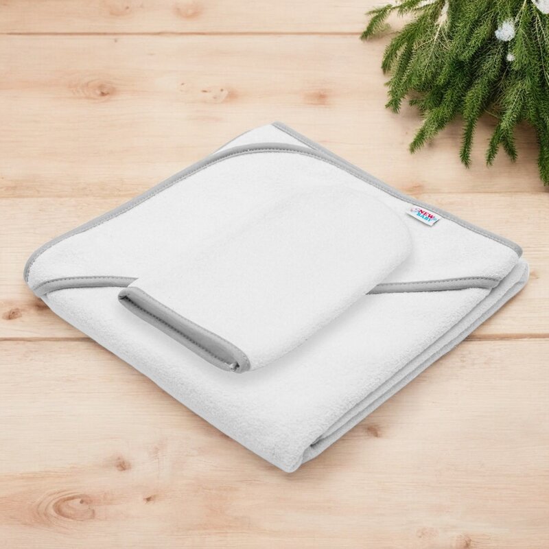 Set prosop cu gluga si manusa baie, New Baby, Dimensiune 80 x 80 cm, Basic, White-gray