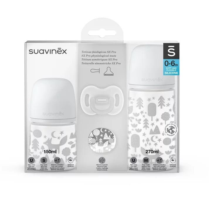 Set Suavinex Fox 2 biberoane, suzeta si lantisor