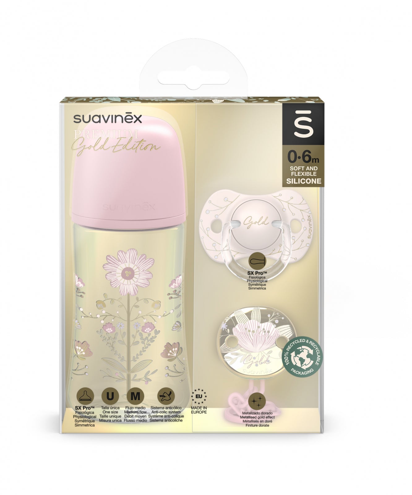Set Suavinex biberon 270 ml + suzeta + lantisor suzeta Gold Premium