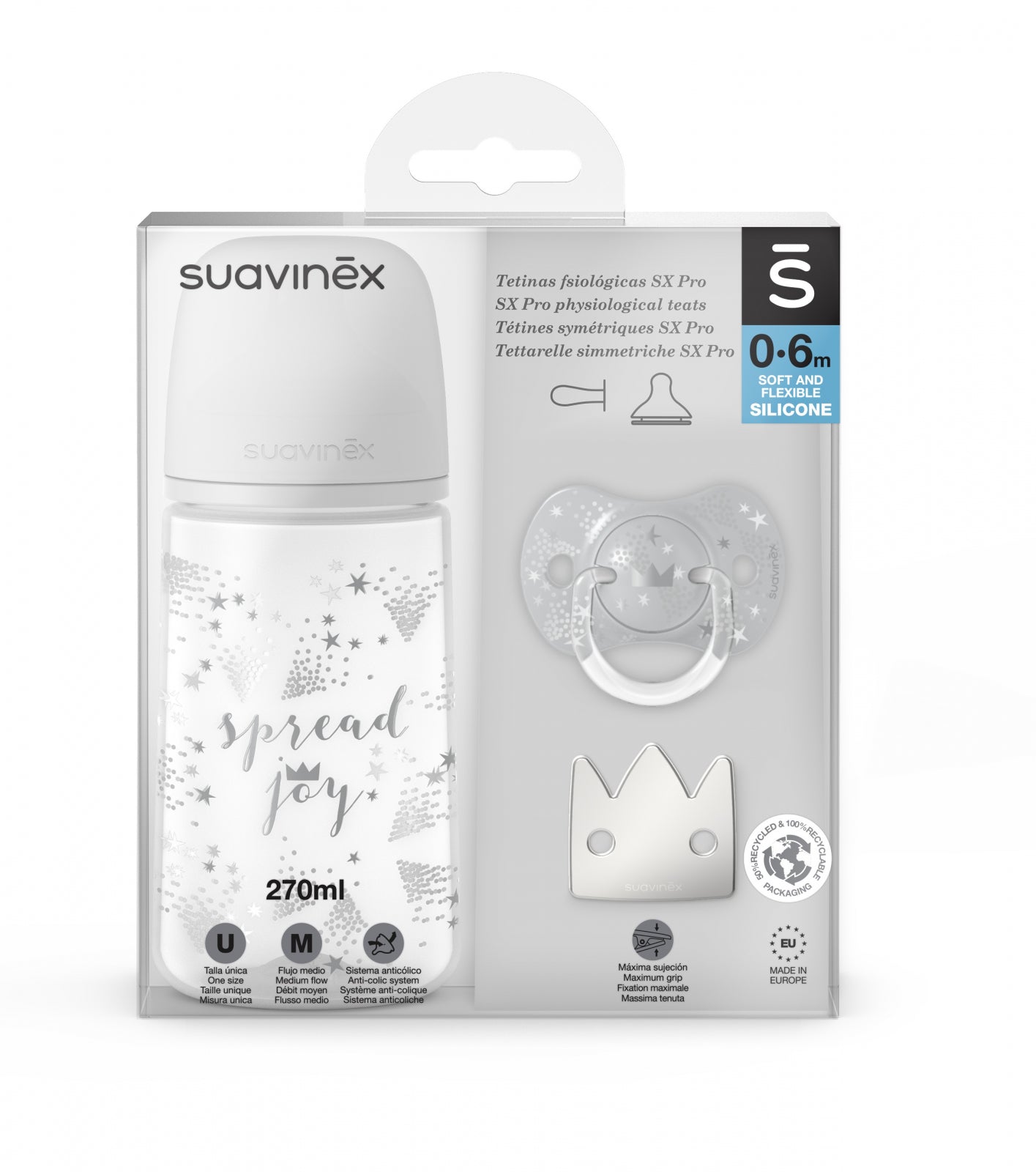 Set Suavinex biberon 270 ml + suzeta + lantisor suzeta Spread Joy