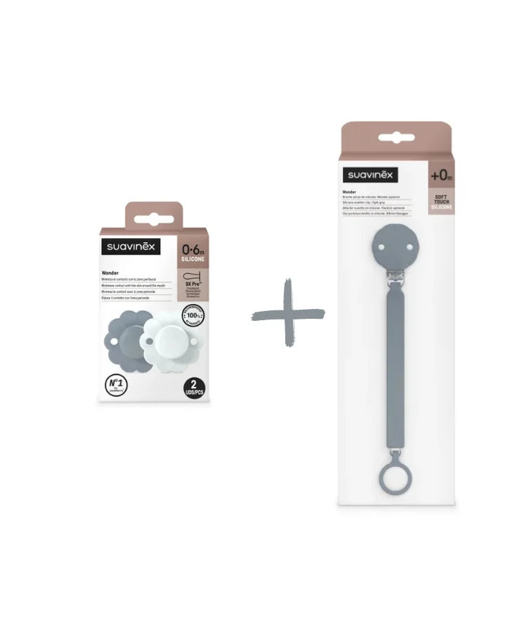 Set Suavinex Wonder 2 suzete fiziologice 0-6 luni + lantisor cu clips