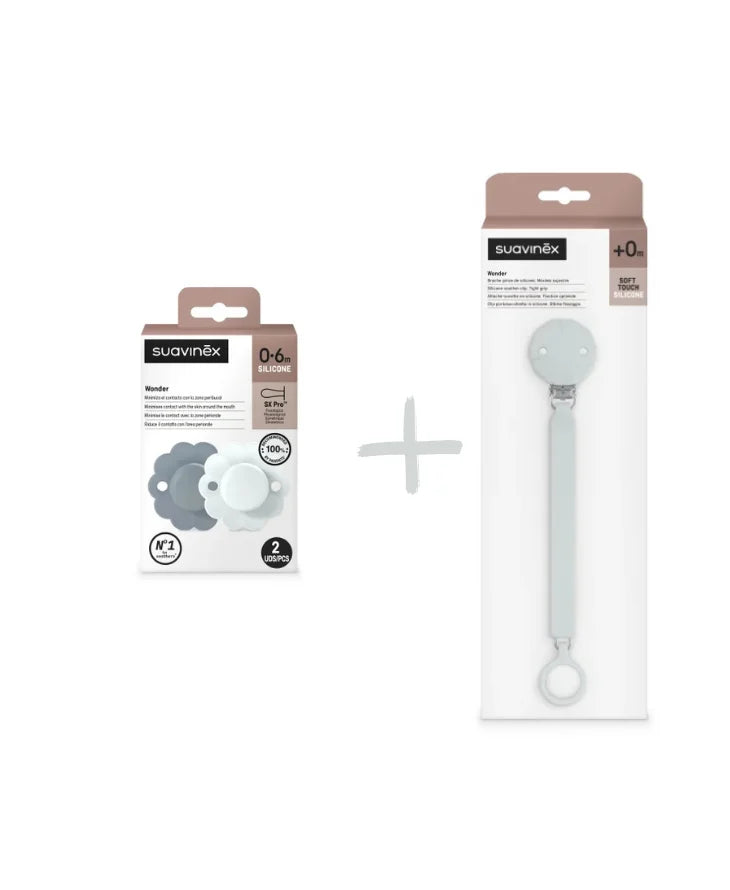 Set Suavinex Wonder 2 suzete fiziologice 0-6 luni + lantisor cu clips