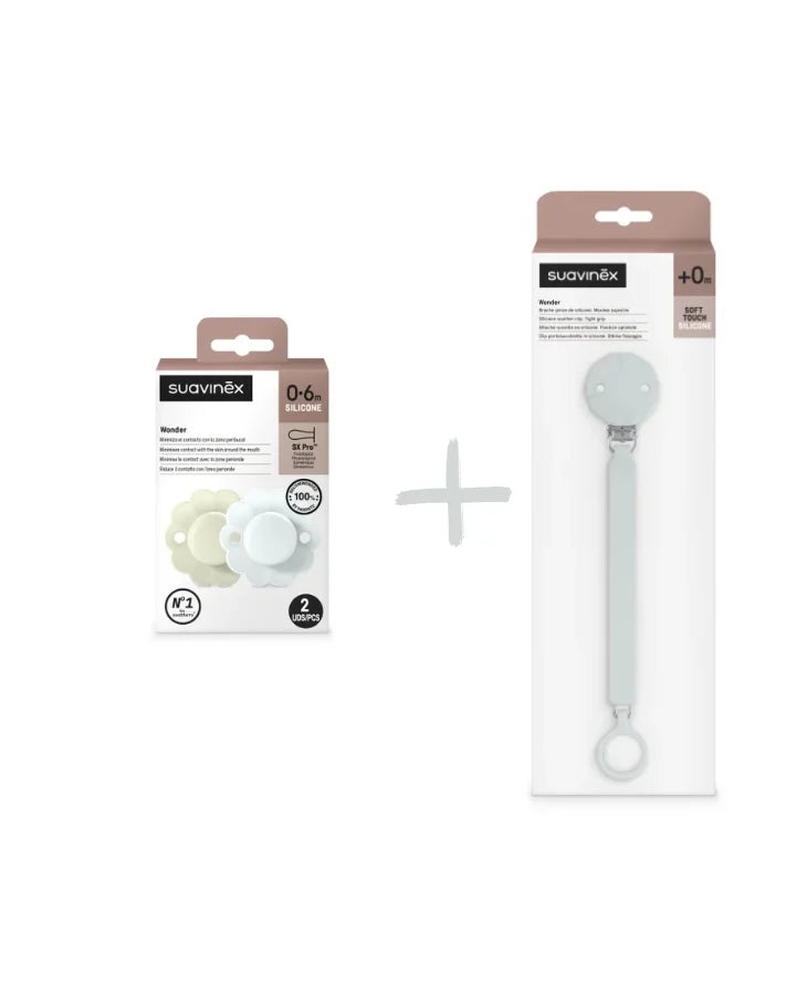 Set Suavinex Wonder 2 suzete fiziologice 0-6 luni + lantisor cu clips