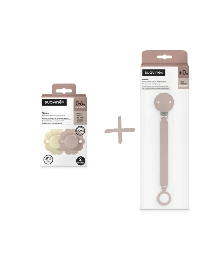 Set Suavinex Wonder 2 suzete fiziologice 6-18 luni + lantisor cu clips