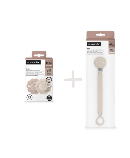 Set Suavinex Wonder 2 suzete fiziologice 0-6 luni + lantisor cu clips