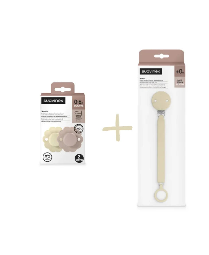 Set Suavinex Wonder 2 suzete fiziologice 0-6 luni + lantisor cu clips
