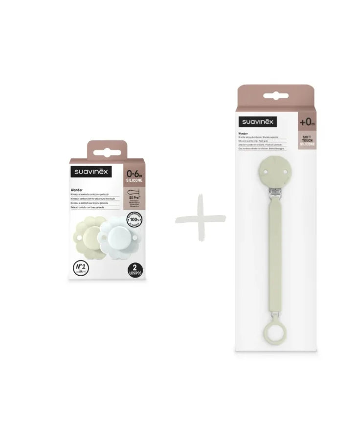 Set Suavinex Wonder 2 suzete fiziologice 0-6 luni + lantisor cu clips