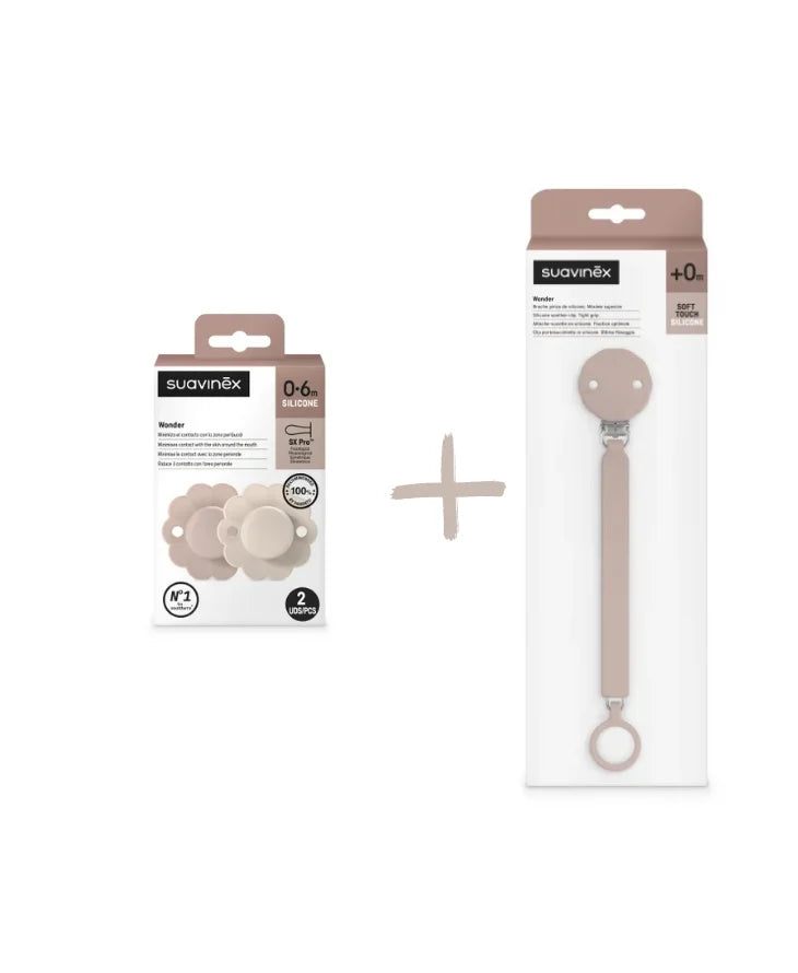 Set Suavinex Wonder 2 suzete fiziologice 0-6 luni + lantisor cu clips