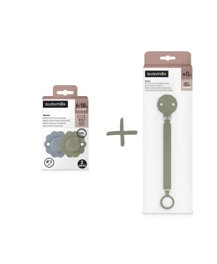 Set Suavinex Wonder 2 suzete fiziologice 6-18 luni + lantisor cu clips