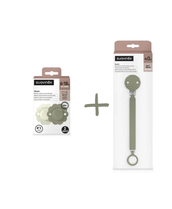 Set Suavinex Wonder 2 suzete fiziologice 6-18 luni + lantisor cu clips