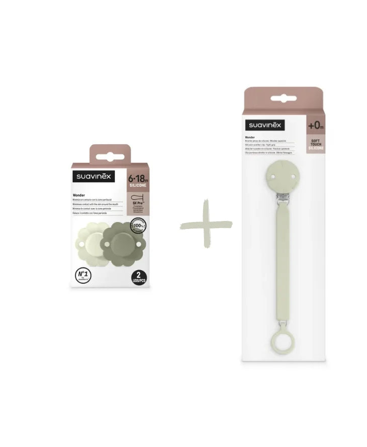 Set Suavinex Wonder 2 suzete fiziologice 6-18 luni + lantisor cu clips