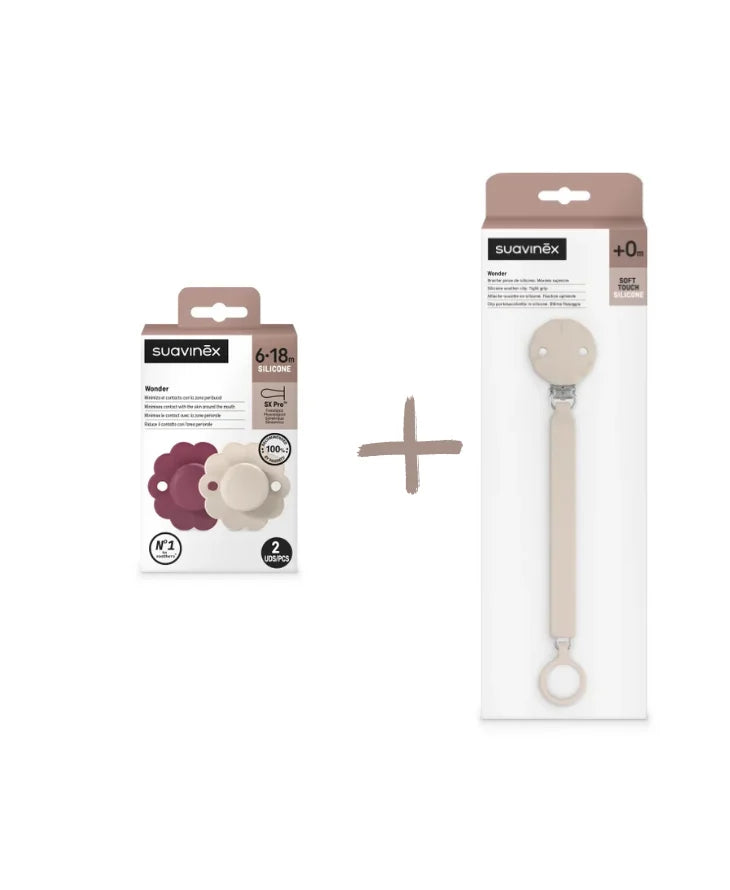Set Suavinex Wonder 2 suzete fiziologice 6-18 luni + lantisor cu clips