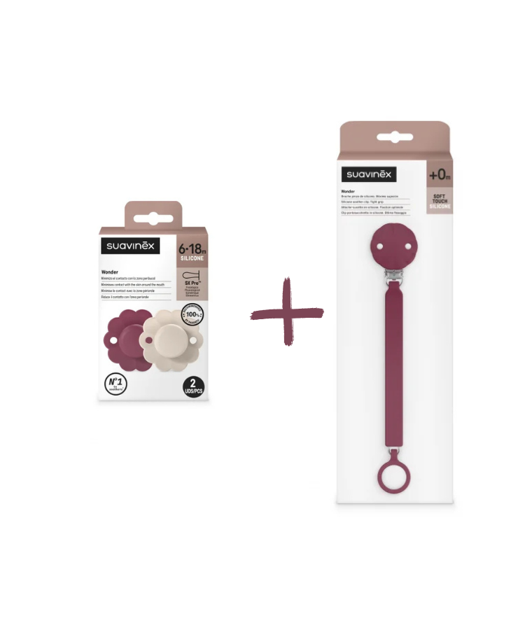 Set Suavinex Wonder 2 suzete fiziologice 6-18 luni + lantisor cu clips