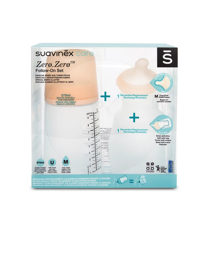 Set Suavinex Zero Zero biberon anticolici + tetina + saculet de rezerva