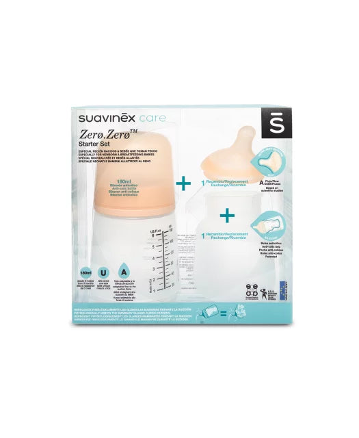 Set Suavinex Zero Zero biberon anticolici + tetina + saculet de rezerva