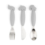 Set tacâmuri Done by Deer Easy-grip Deer Friends Grey – furculiță, cuțit și lingură