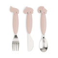Set tacâmuri Done by Deer Easy-grip Deer Friends Powder – furculiță, cuțit și lingură pe fond alb