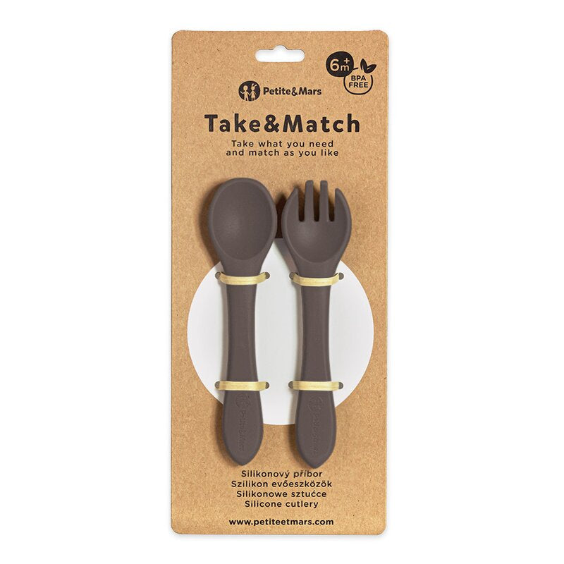 Set tacamuri, Petite&Mars, Take&Match, Din silicon, Forma ergonomica, Delicate cu gingiile, Adecvate pentru masina de spalat vase, Fara BPA, 6 luni+, Bitter Cocoa, Maro
