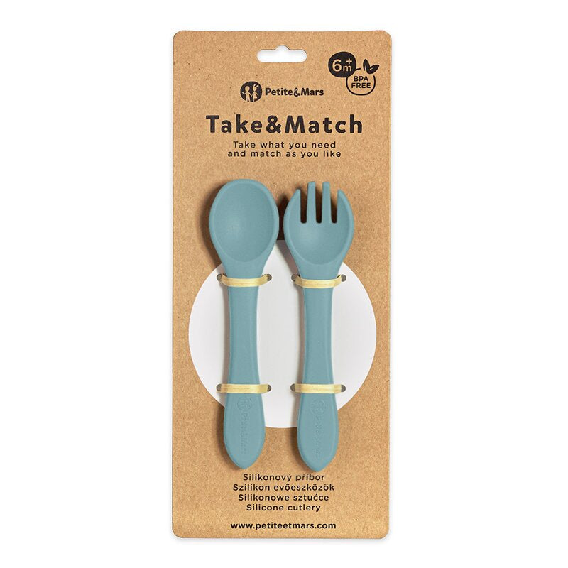 Set tacamuri, Petite&Mars, Take&Match, Din silicon, Forma ergonomica, Delicate cu gingiile, Adecvate pentru masina de spalat vase, Fara BPA, 6 luni+, Frosted Sky, Albastru