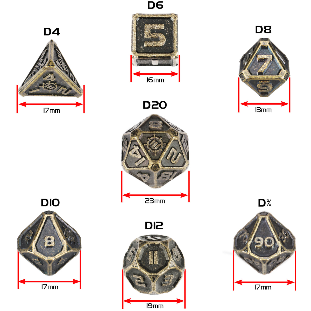 Set Zaruri Metalice DnD Ancient Bronze - 7 Piese cu Husă și Sac Catifea