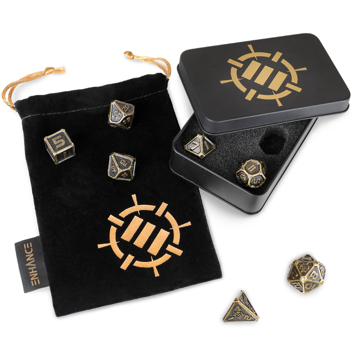 Set Zaruri Metalice DnD Ancient Bronze - 7 Piese cu Husă și Sac Catifea