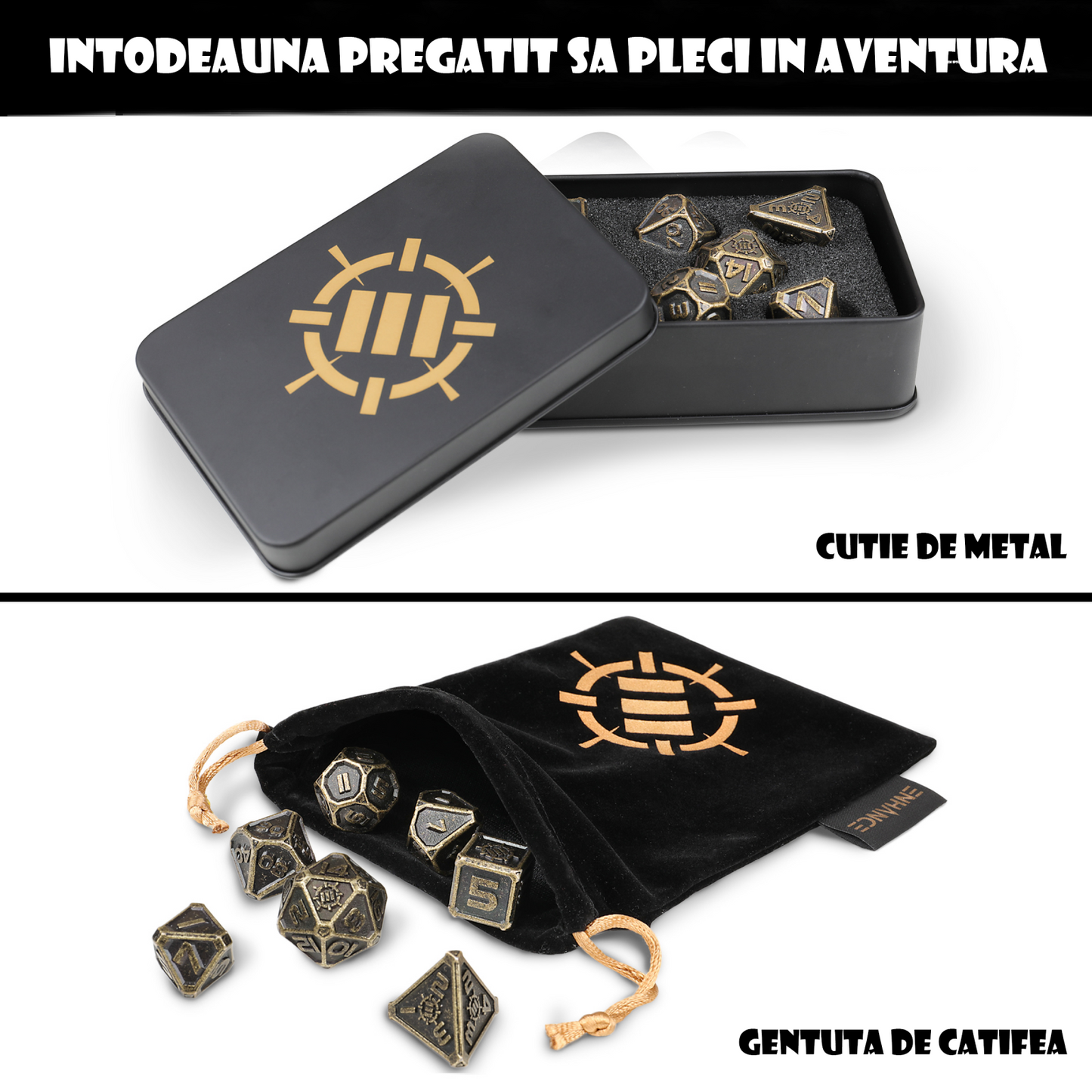 Set Zaruri Metalice DnD Ancient Bronze - 7 Piese cu Husă și Sac Catifea