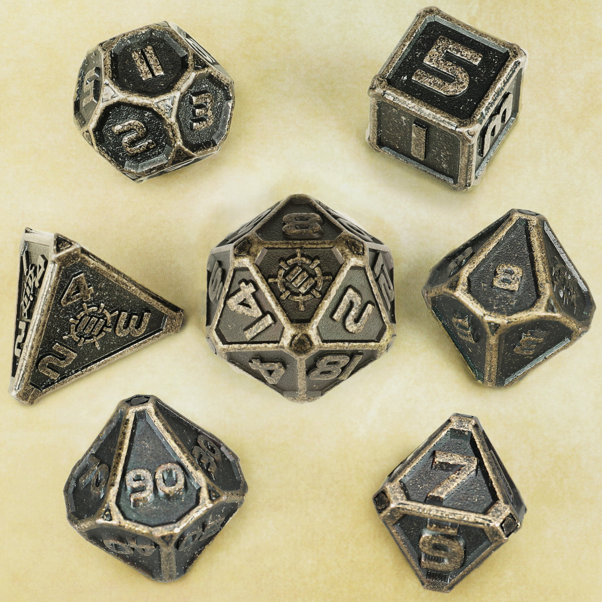 Set Zaruri Metalice DnD Ancient Bronze - 7 Piese cu Husă și Sac Catifea